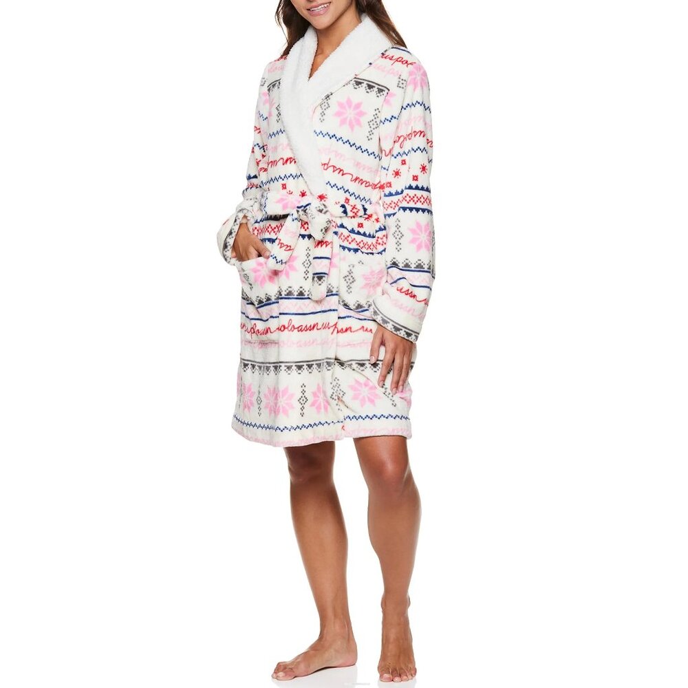 U.S. Polo Assn. Women's Snowflake Print Plush Robe, Ivory, Size Large